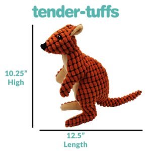 Dimensions of 10.25 inches high and 12.5 inches long for Tender-Tuffs orange and tan kangaroo dog toy