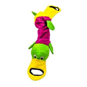 Green and purple platypus dog toy with a handle in the beak and tail