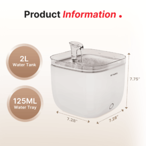 2L water tank, 125ml water tray, diamension 7.28*7.28*7.75 inches